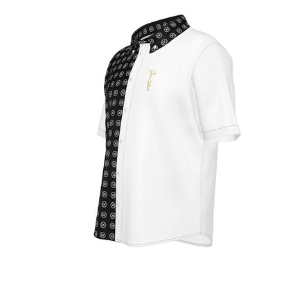 Men's short sleeve dress shirt, white with black patterned side placket and collar