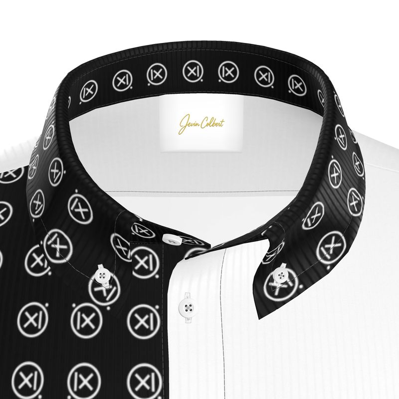 Men's short sleeve dress shirt collar, black patterned undercollar with buttons