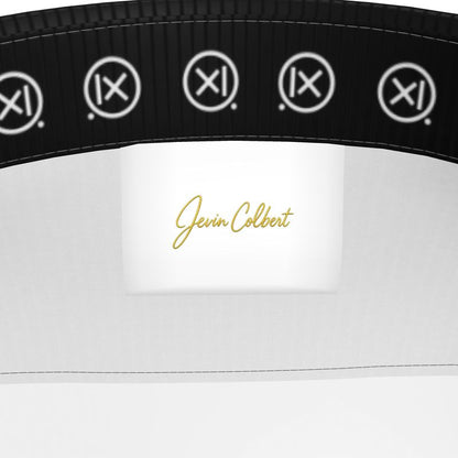 Men's short sleeve dress shirt neckline label, Jevin Colbert logo on white