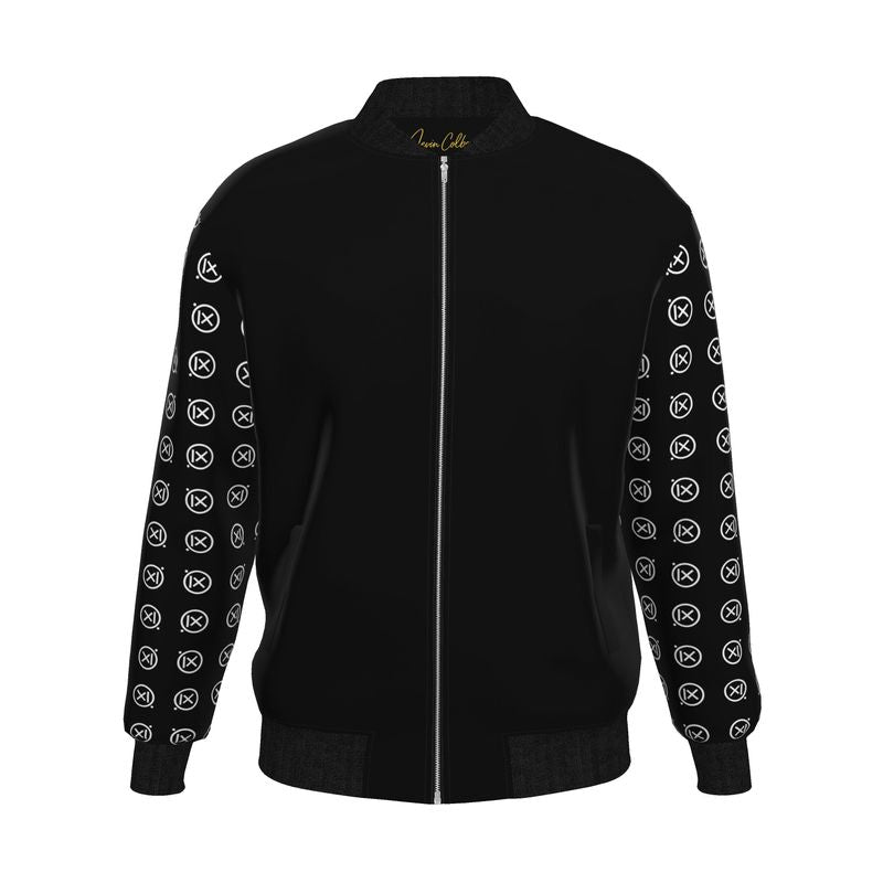 Men's black bomber jacket with full front zipper and patterned logo sleeves