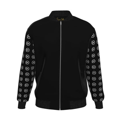 Men's black bomber jacket with full front zipper and patterned logo sleeves