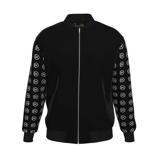 Men's black bomber jacket with full front zipper and patterned logo sleeves