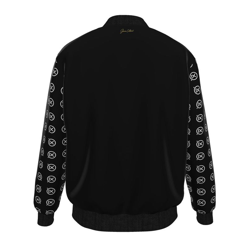 Men's black bomber jacket back view with patterned logo sleeves and ribbed hem
