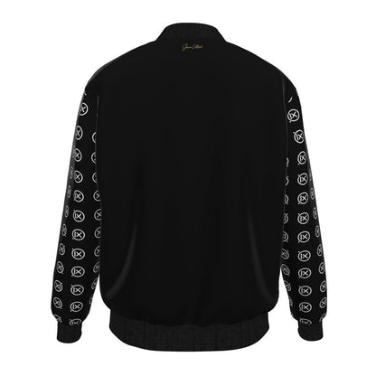 Men's black bomber jacket back view with patterned logo sleeves and ribbed hem
