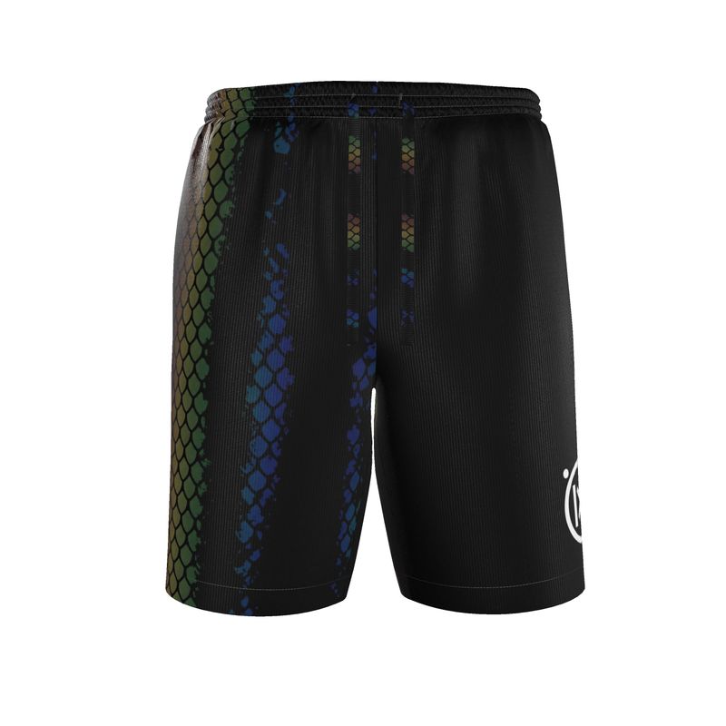 Resort shorts, black with green and blue python-style side print, elastic waistband