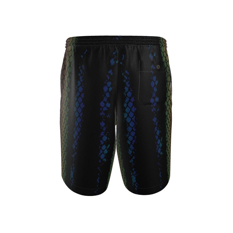 Resort shorts back view, black with green and blue python-style vertical print panels