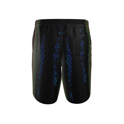 Resort shorts back view detail, black with green and blue python-style panel pattern