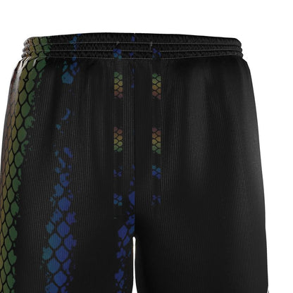 Resort shorts close-up waistband, black with green-and-blue python side print, elastic