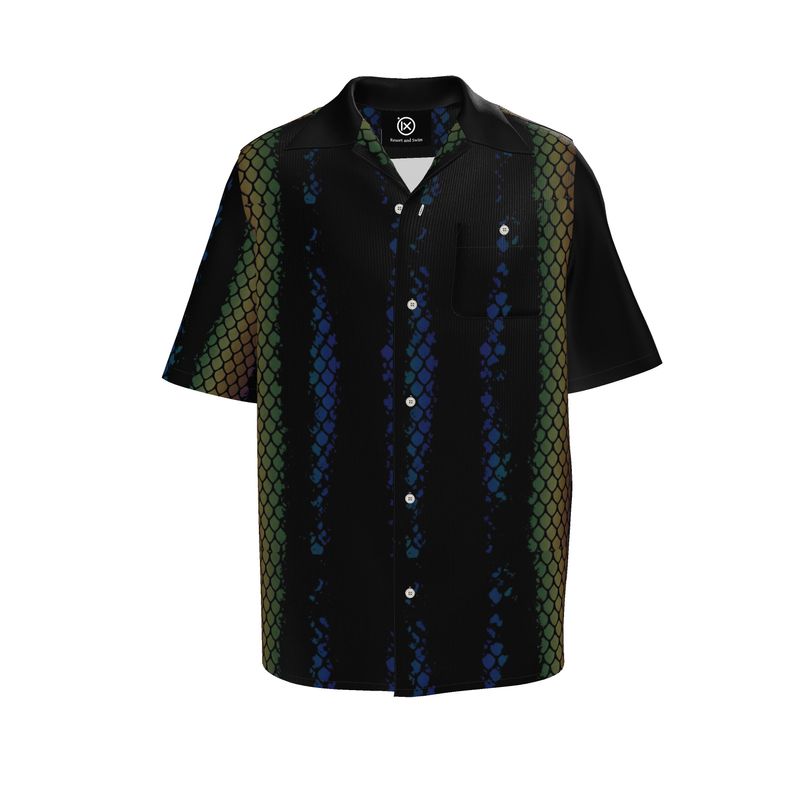 Resort shirt with black, green, and blue snake-scale print, button-front short sleeves