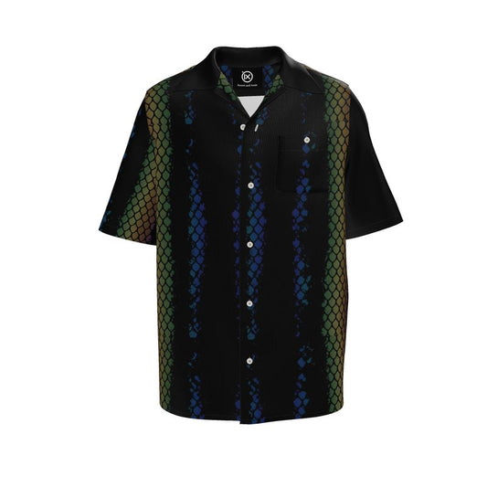 Resort shirt front with open V-neck collar, black base, and blue-green scale stripe pattern