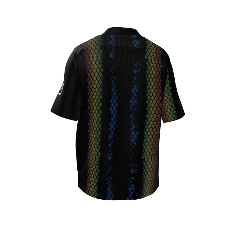 Resort shirt back with black base, green scale print sides, and blue vertical stripe
