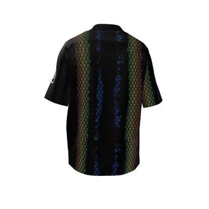 Resort shirt back with black base, green scale print sides, and blue vertical stripe
