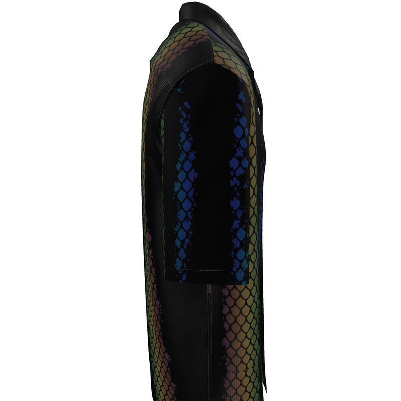 Resort shirt side view with black base and green snake-scale print panel, short sleeve