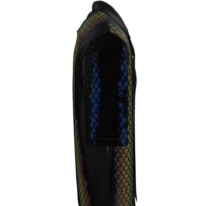Resort shirt side view with black base and green snake-scale print panel, short sleeve