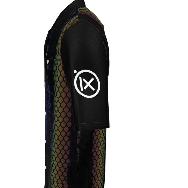 Resort shirt sleeve with Ix circle logo patch and black, green, and blue scale print