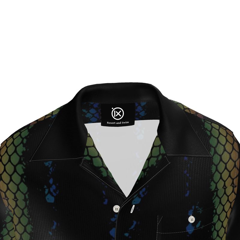 Resort shirt collar close-up with Ix label, black base, and green-blue scale button placket