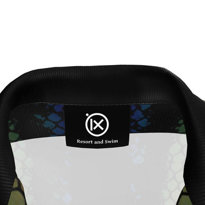 Resort shirt inner neck label with Ix Resort and Swim logo, black fabric