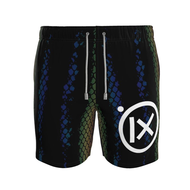 JEBO Venom Python swim shorts, black blue-green snake-scale print, drawstring