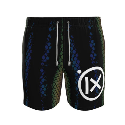 JEBO Venom Python swim shorts, black blue-green snake-scale print, drawstring