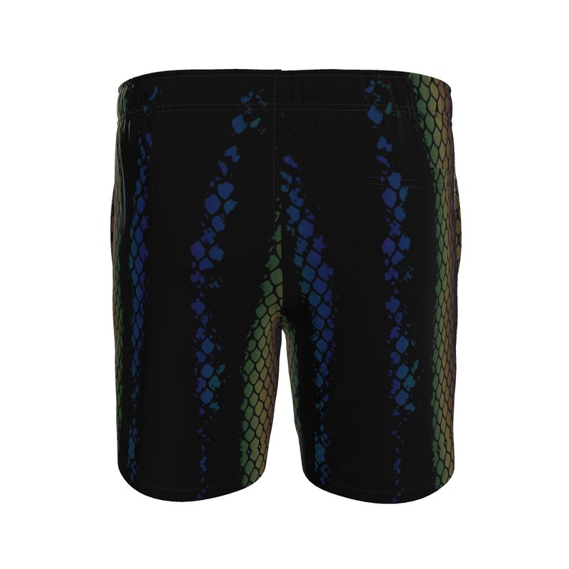 JEBO Venom Python swim shorts, black with blue and green snake-scale side print