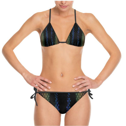 Snake-print triangle bikini set with tie-side bottoms, dark green and blue vertical stripe