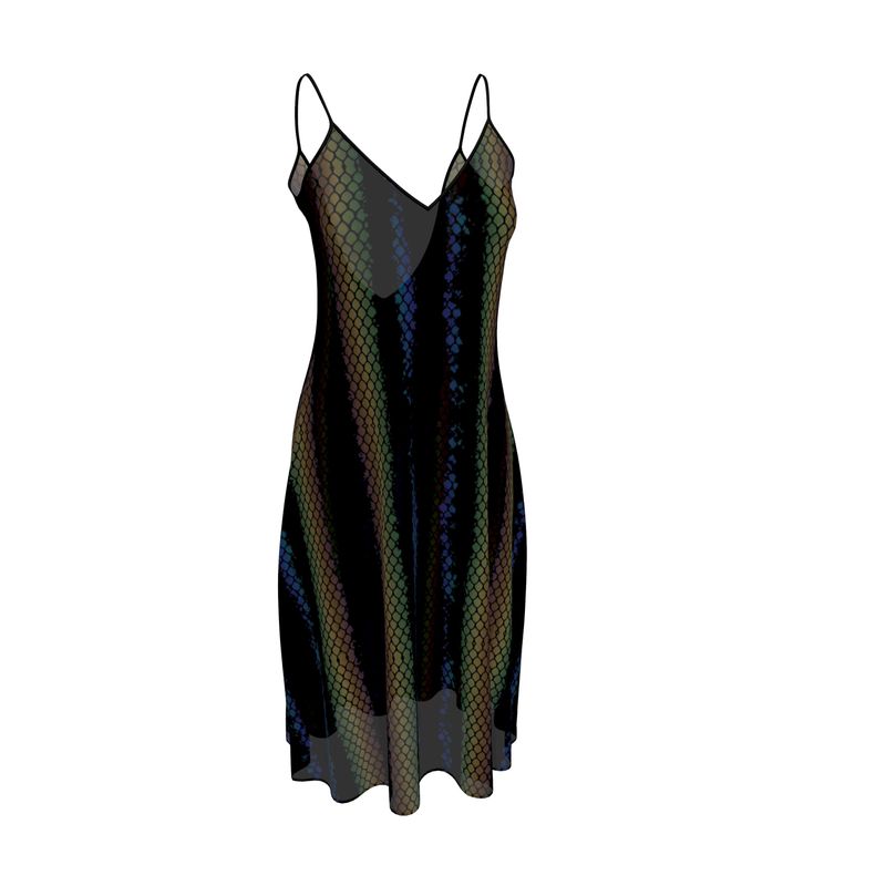 Midi slip dress with venom python print, V-neck, thin straps, flared midi skirt