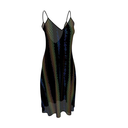 Midi slip dress with venom python print, V-neck, thin straps, flared midi skirt