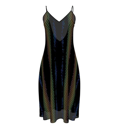 Midi slip dress with venom python print, V-neck, spaghetti straps, flowing skirt