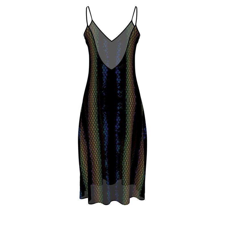 Midi slip dress with venom python print, V-neckline, thin straps, draped skirt
