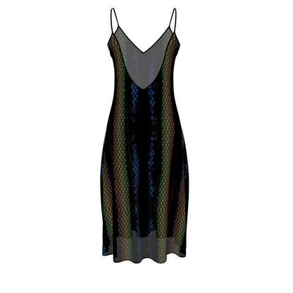 Midi slip dress with venom python print, V-neckline, thin straps, draped skirt
