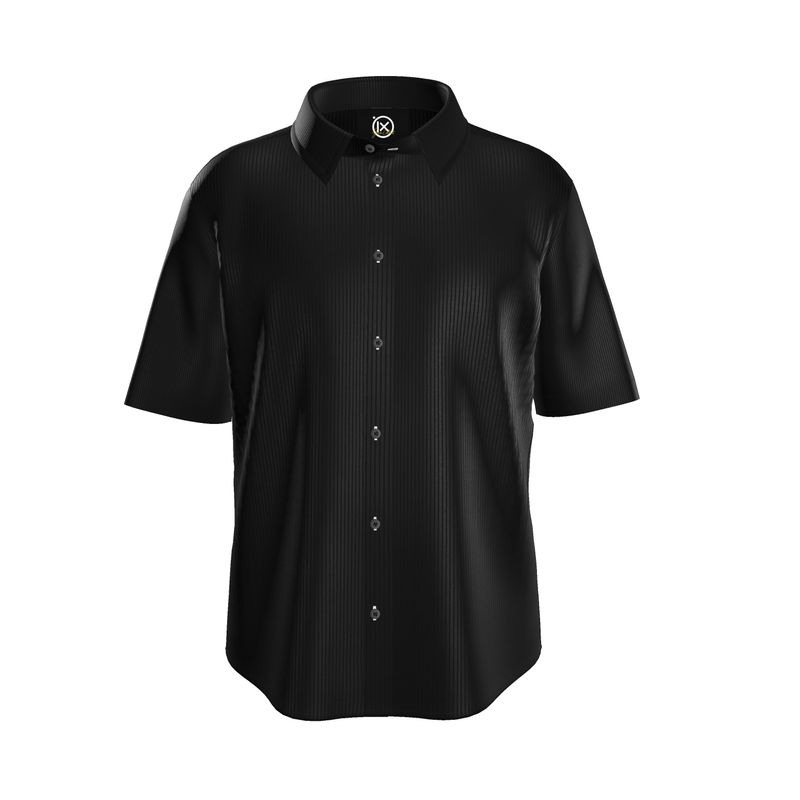 Men's black dress shirt with short sleeves, button-front placket, textured vertical stripe