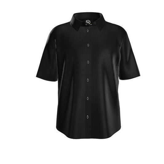 Men's black dress shirt, short sleeves, spread collar, button-front, textured vertical pattern