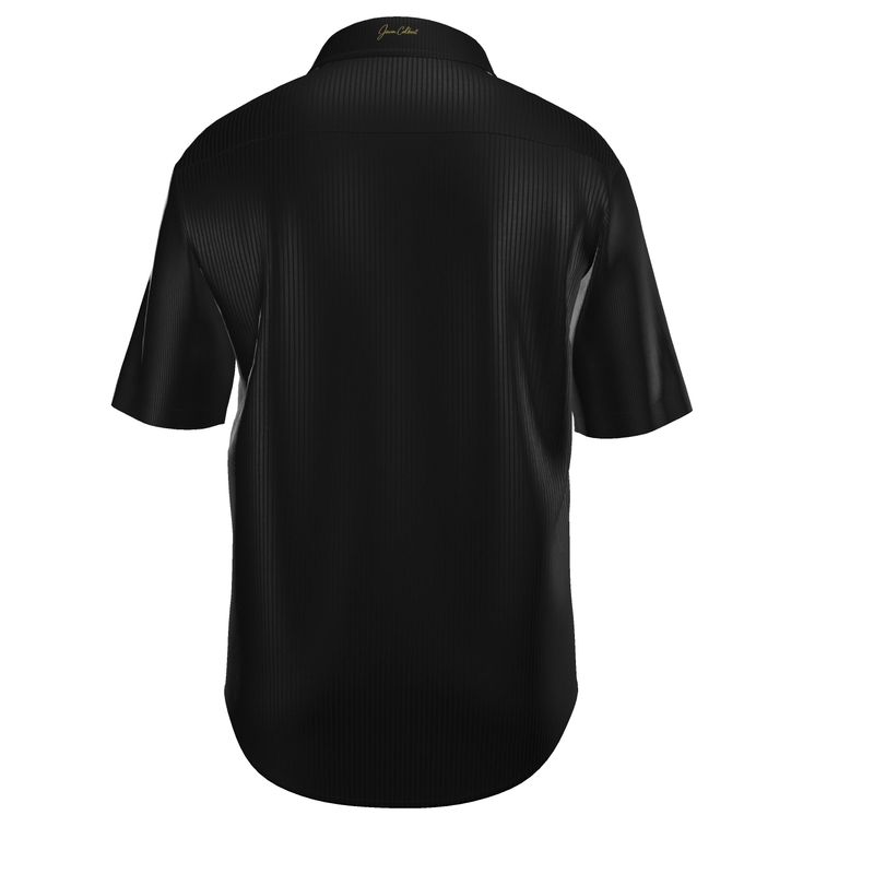Men's black dress shirt back view with short sleeves and textured vertical stripe fabric