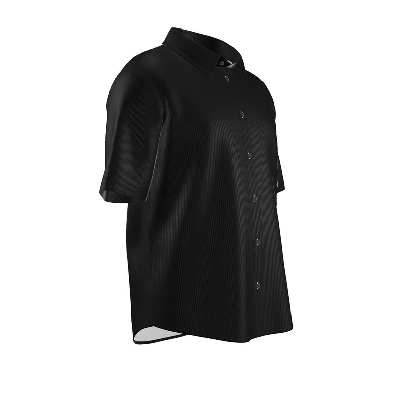 Men's black dress shirt side view with short sleeves, button-front, textured vertical pattern