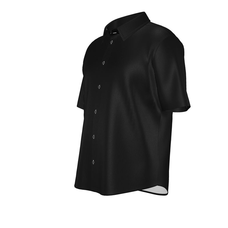 Men's black dress shirt angled view with short sleeves, button-front, textured vertical fabric