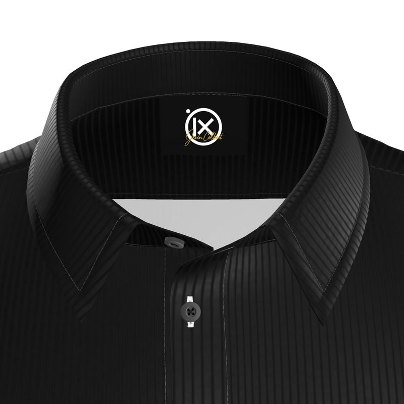 Men's dress shirt collar and neckline, button closure with black textured fabric
