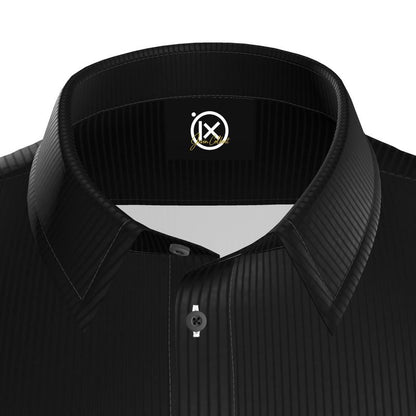 Men's dress shirt collar and neckline, button closure with black textured fabric