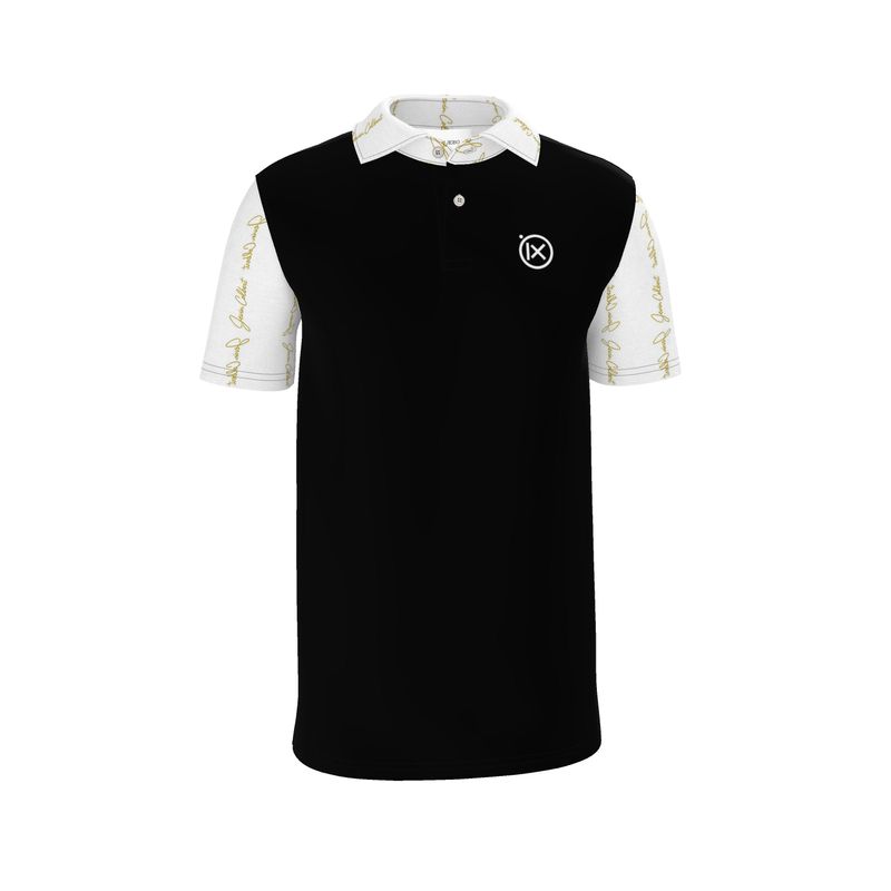 Men's polo shirt in dark fabric with white collar and gold script sleeves