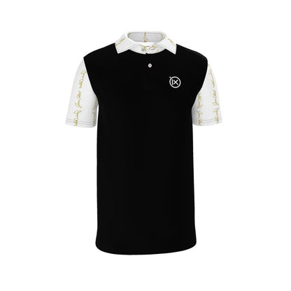 Men's polo shirt in dark fabric with white collar and gold script sleeves
