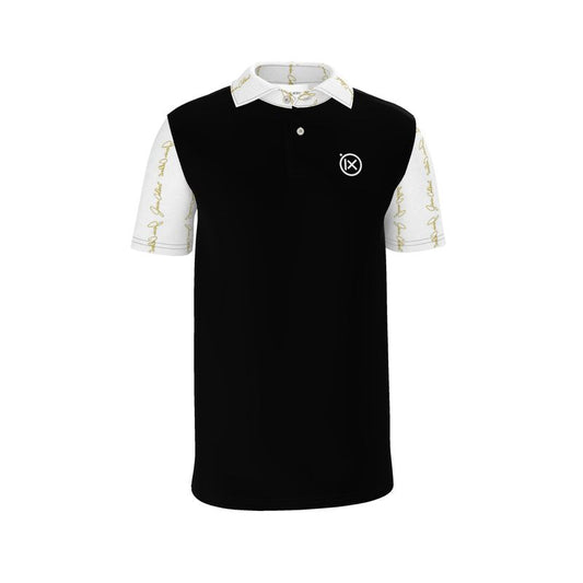 Men's polo shirt in dark fabric with white collar and gold script sleeves