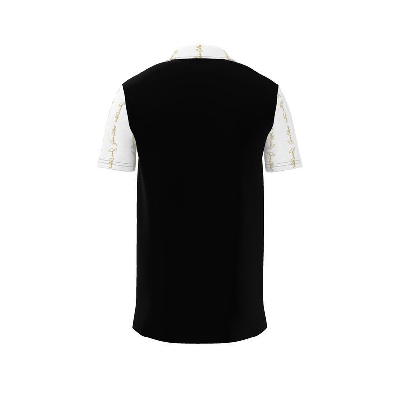 Men's polo shirt back view with dark body and white sleeves featuring gold script