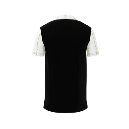 Men's polo shirt back view with dark body and white sleeves featuring gold script