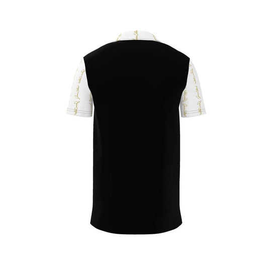 Men's polo shirt back view with dark body and white sleeves featuring gold script