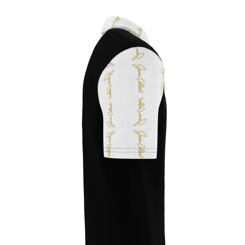 Men's polo shirt side view with black body and white sleeve panel with gold script
