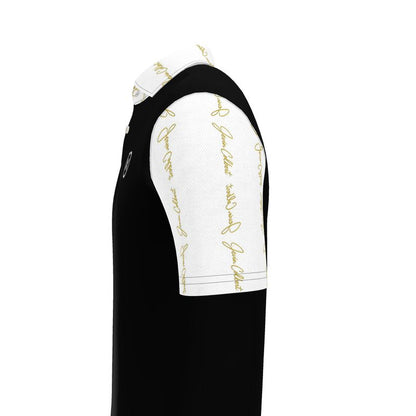 Men's polo shirt shoulder and sleeve detail with white panel and gold script over dark base