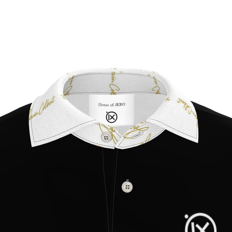Men's polo shirt neckline detail with white collar, button placket, and logo label