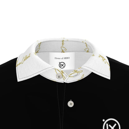 Men's polo shirt neckline detail with white collar, button placket, and logo label