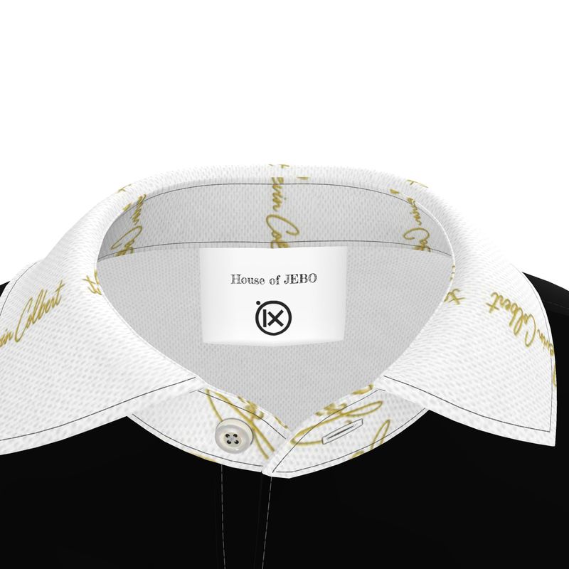 Men's polo shirt collar close-up with white fabric, gold script, and button detail