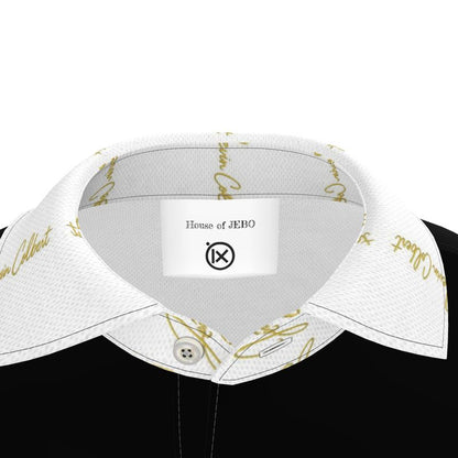 Men's polo shirt collar close-up with white fabric, gold script, and button detail