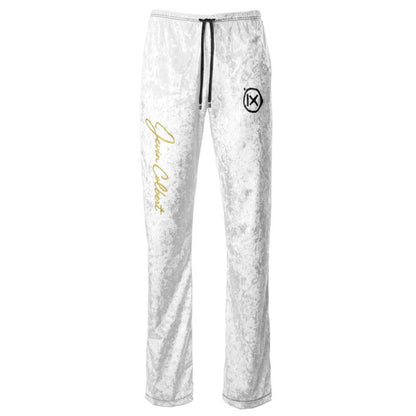 Women’s white velour trousers with drawstring waist and decorative logo patch